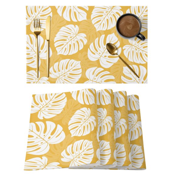 Monstera Foliage Placemats Set of 6 Retro Rustic Botanical Summer Yellow Place Mats Indoor Wipeable Table Mats Washable Cloth Dining Table Placemats for Kitchen Holiday Party Home Decor 13x19 Inch