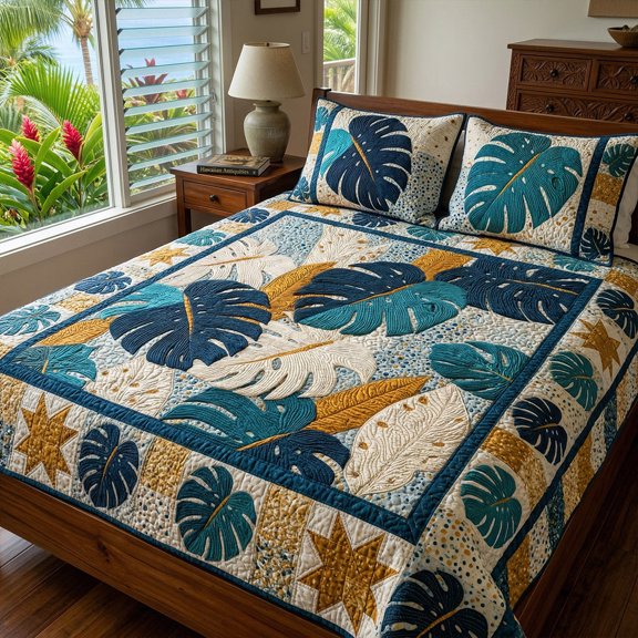 Monstera Gold 3-Piece Quilted Bedding Set