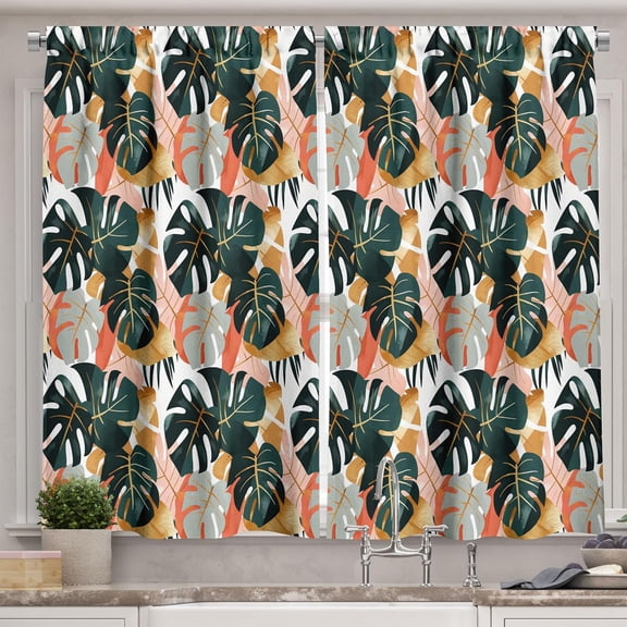 Monstera Kitchen Curtains, Modern Paint Print of Exotic Rainforest Leaves in Soft Dark Tones, Window Drapes 2 Panel Set for Kitchen Cafe Decor, 55" x 39", Evergreen Dark Orange Tan