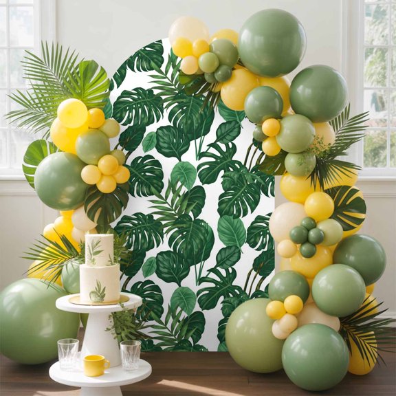 Monstera Leaf Arch Backdrop Cover, 5FT, Tropical Plants Summer Green Plant Spandex Arch Covers Double-Sided Backdrop for Wedding Birthday Party Photo Background Decoration