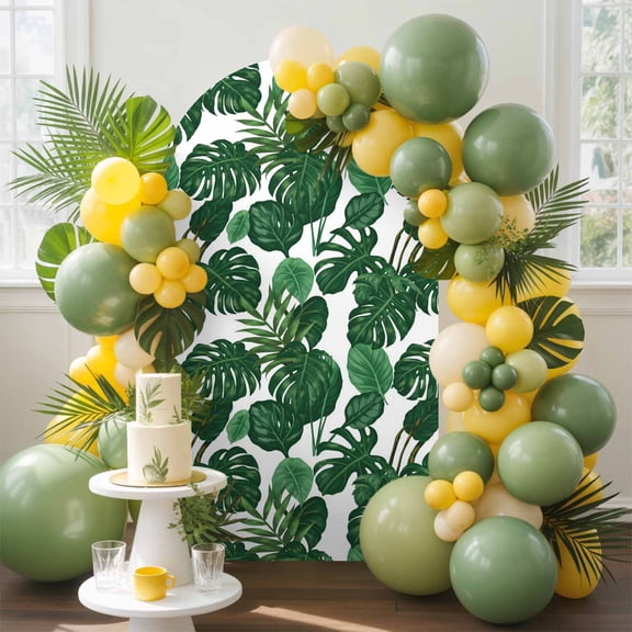 Monstera Leaf Arch Backdrop Cover, 6.6FT, Tropical Plants Summer Green Plant Spandex Arch Covers Double-Sided Backdrop for Wedding Birthday Party Photo Background Decoration