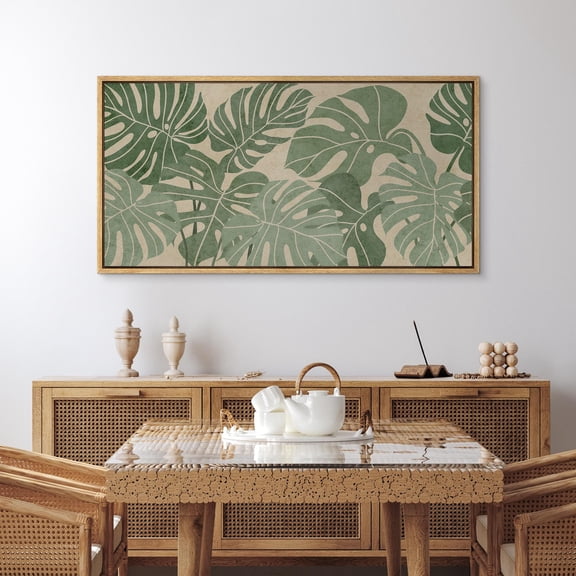 Monstera Leaf Art Large Botanical Green & Beige Tropical Leaf Poster Minimalist Jungle Decor For Boho Or Modern Home, Poster Only