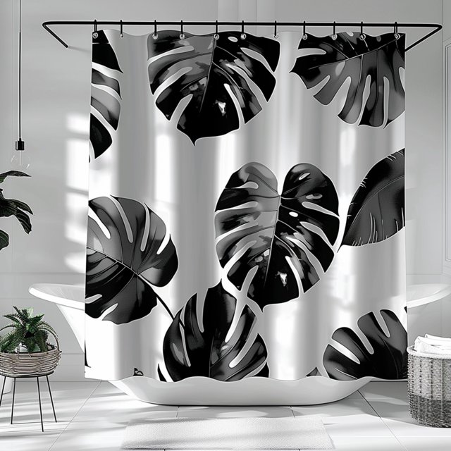 Monstera Leaf Design Shower Curtain Black and White Bathroom Decor