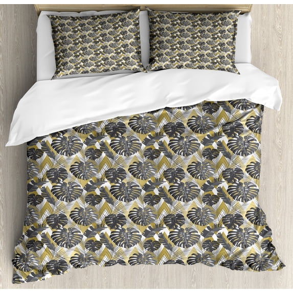 Monstera Leaf Duvet Cover Set King Size, Botanical Aloha Pattern with Modern Design on Geometric Pattern, Decorative 3 Piece Bedding Set with 2 Pillow Shams, Charcoal Grey Khaki, by Ambesonne