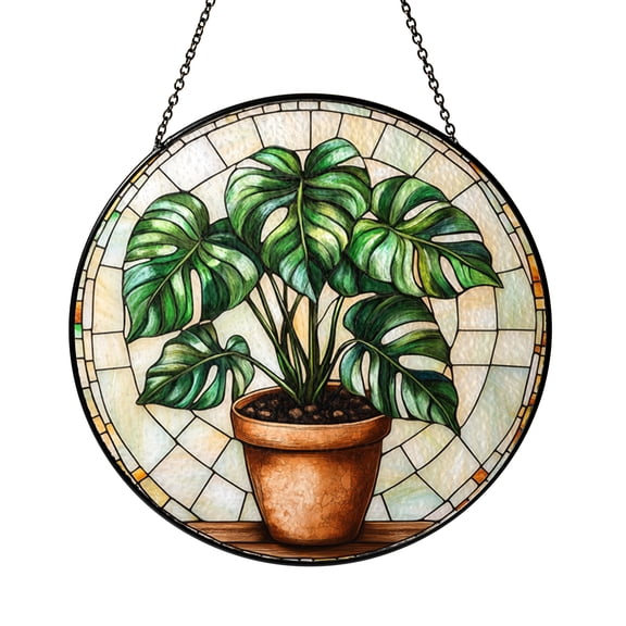 Monstera Leaf Glass Style Suncatcher Window Hanging, Tropical Botanical Art Panel, Decorative Ornament Accent Gift