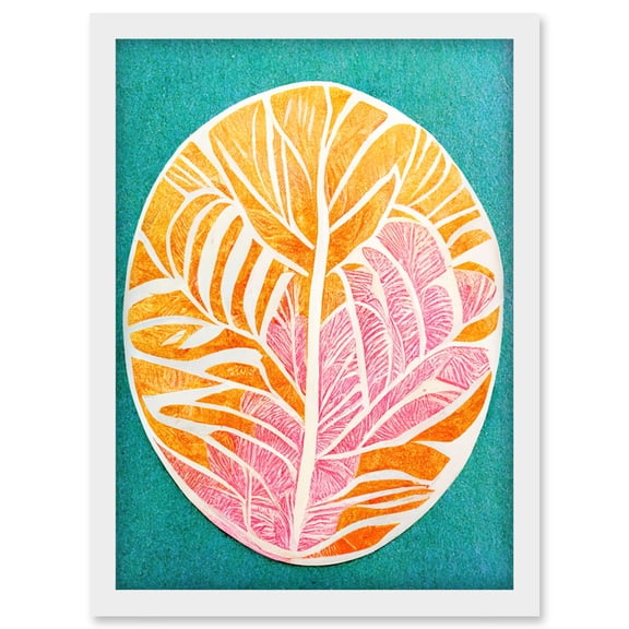 Monstera Leaf Linocut In Pastel Pink Orange On Teal Artwork Framed Wall Art Print A4