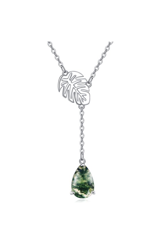Monstera Leaf Moss Agate Necklace Sterling Silver Monstera Pendant Y necklac Jewelry Gifts for Women