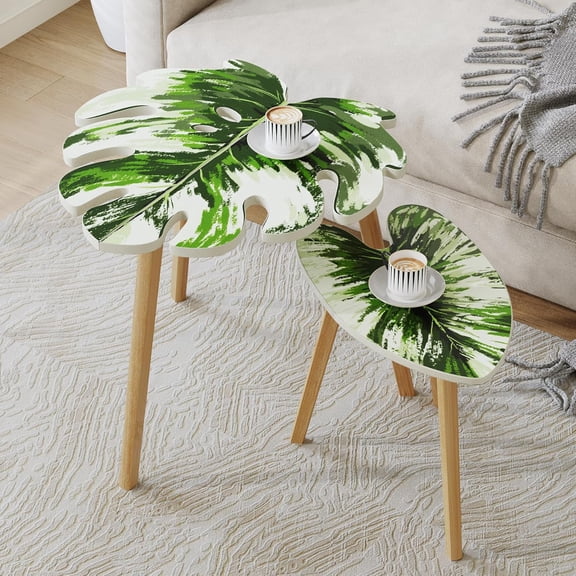 Monstera Leaf Nesting Tables Set of 2, Modern Wooden Coffee Tables with Leaf Vein Pattern for Living Room Bedroom