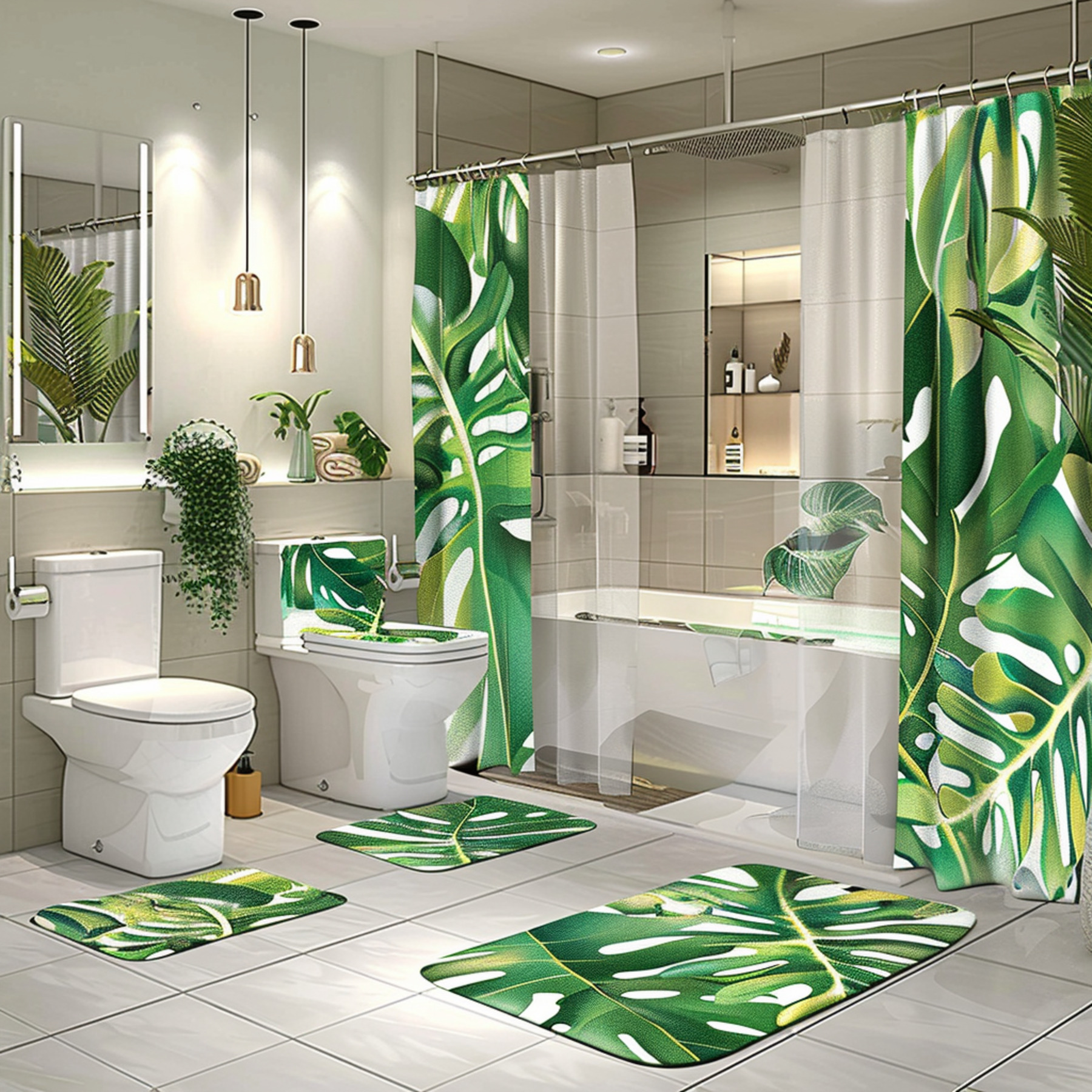 Monstera Leaf Pattern Shower Curtain Set Tropical Rainforest Bathroom