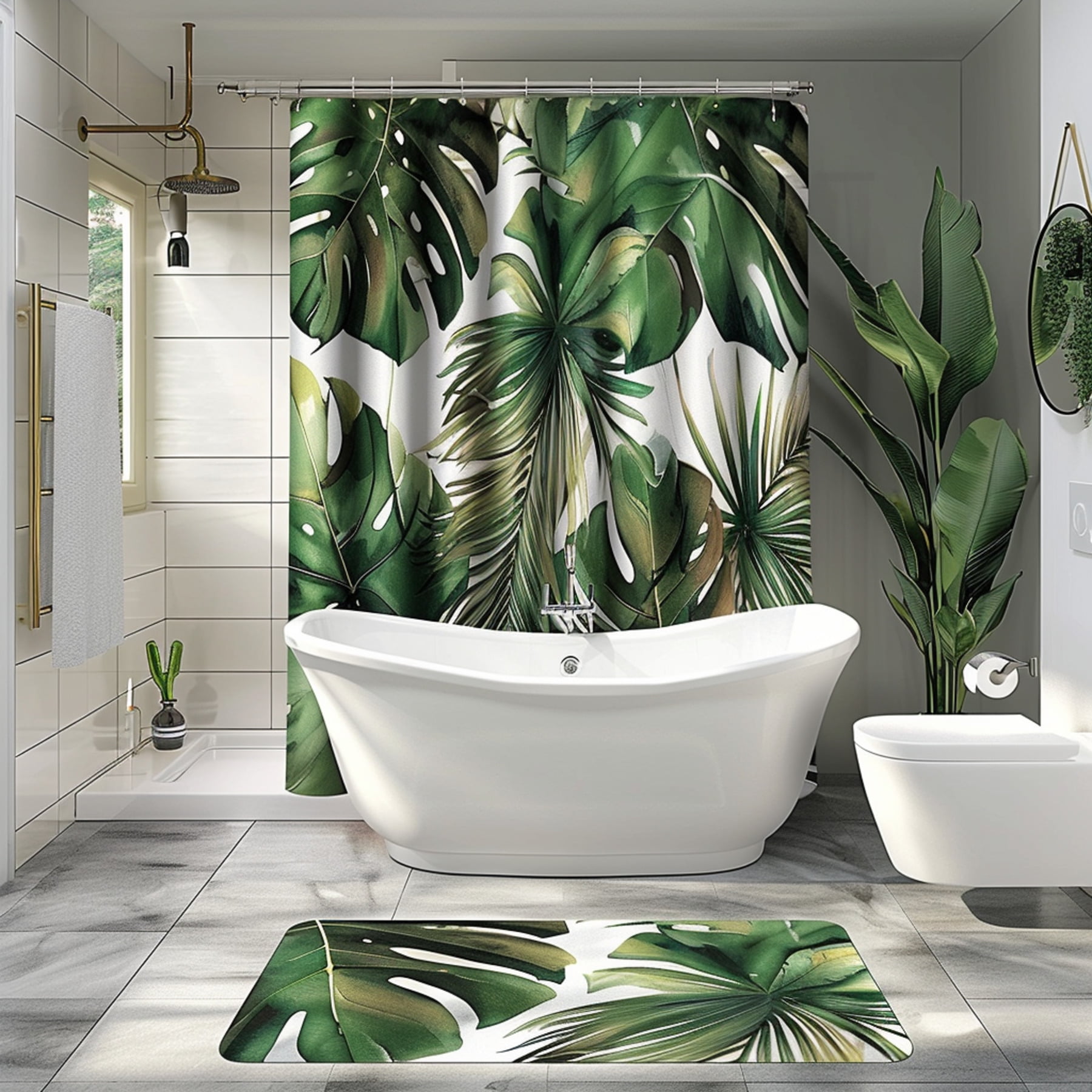 Monstera Leaf Pattern Shower Curtain Tropical Rainforest Bathroom Decor