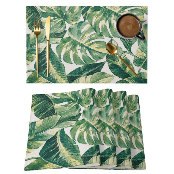 Monstera Leaf Placemats Set of 4, Green Palm Frond Banana Leaf Tropical Botanical Summer Non-Slip Place Mats Washable Table Mats for Kitchen Dining Table Decorations Indoor/Outdoor