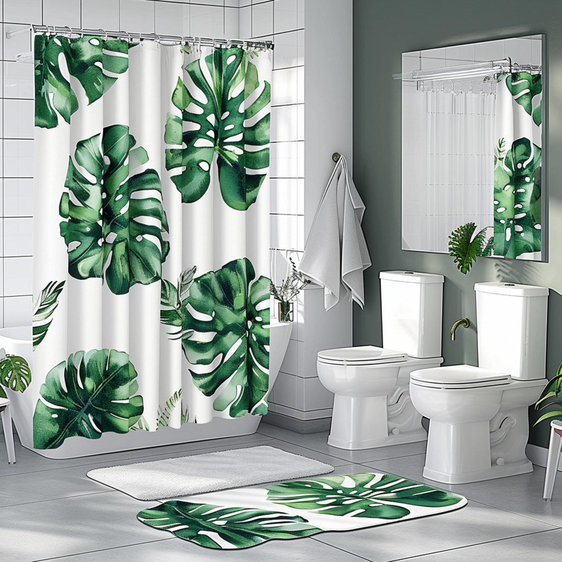 Monstera Leaf Print Bathroom Set Tropical Freshness Shower Curtain ...