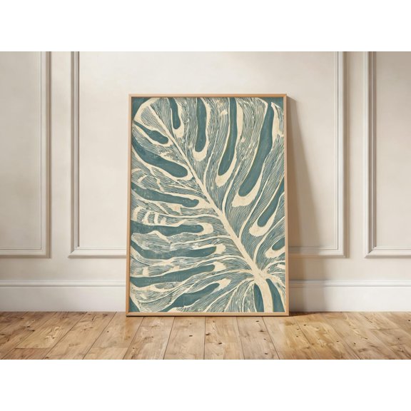 Monstera Leaf Print Blue Green Botanical Art Linocut Texture Wall Decor, Unframed Paper Print