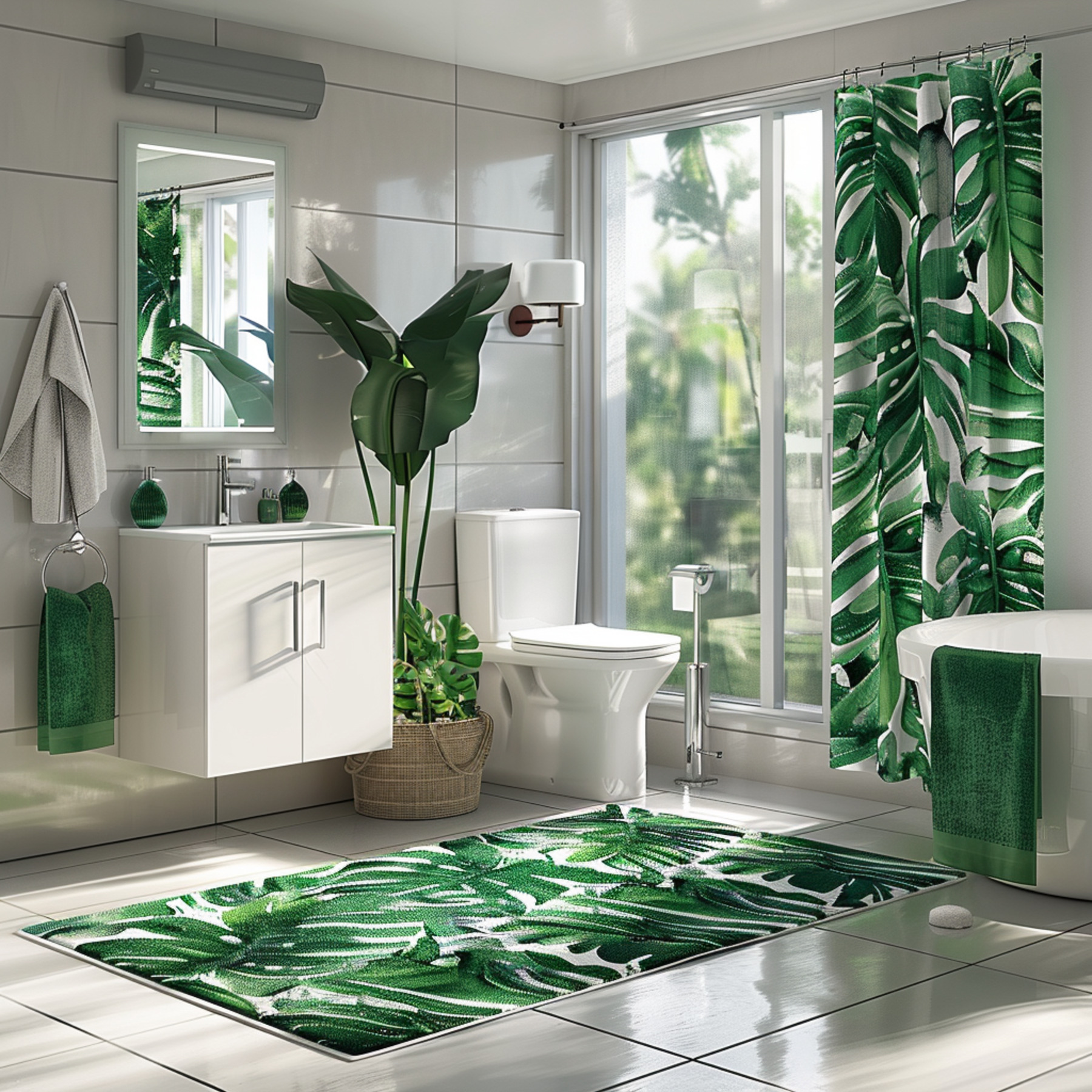 Monstera Leaf Print Tropical Rainforest Bathroom Decor Set White