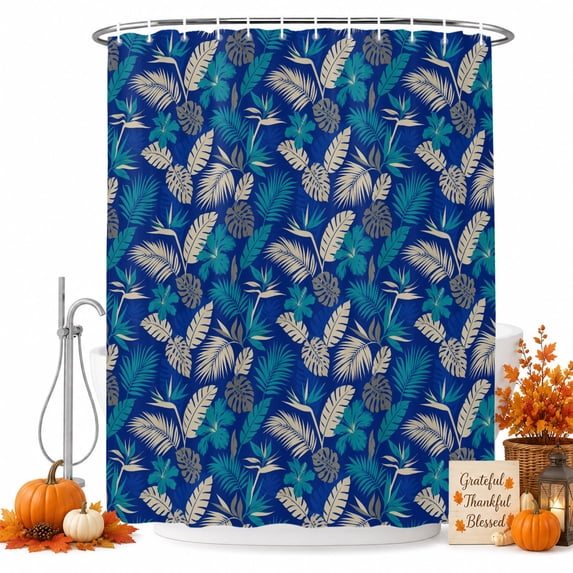 Monstera Leaf Shower Curtain, Waterproof Shower Curtains for Bathroom, Tropical Botanical Palm Flower Pattern Blue Washable Fabric Bathtub Curtain Set Bath Decor with 12 Hooks Long 72"x84"