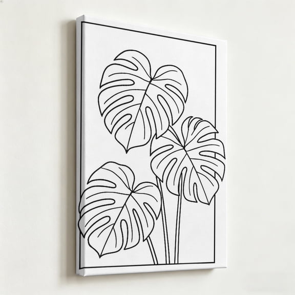 "Monstera Leaf Sketch" Minimalist Botanical Canvas Art, Modern Line Art Foliage Print, Matte Finish Gallery Wrapped Fine Line Wall Decor 12*16