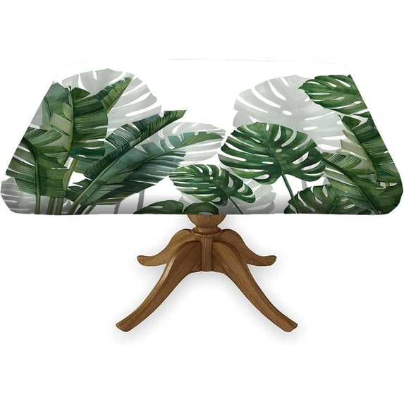 Monstera Leaf Square Fitted Tablecloths, Tropical Green Plant Palm Tree Elastic Edge Table Cover Waterproof Washable Tablecloth for Family Holiday BBQ Party Table Clothes for 36" x 36" Square Table