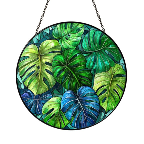 Monstera Leaf Stained Glass Suncatcher – Tropical Window Decor