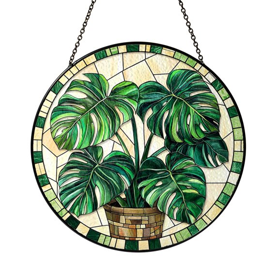 Monstera Leaf Stained Glass Suncatcher, Window Hanging Decor Featuring Tropical Split Leaf with Rich Green Sections