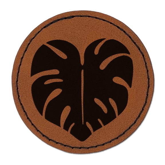 Monstera Leaf Swiss Cheese Plant 2.5" Faux Leather Round Engraved Iron-On Patch - Brown