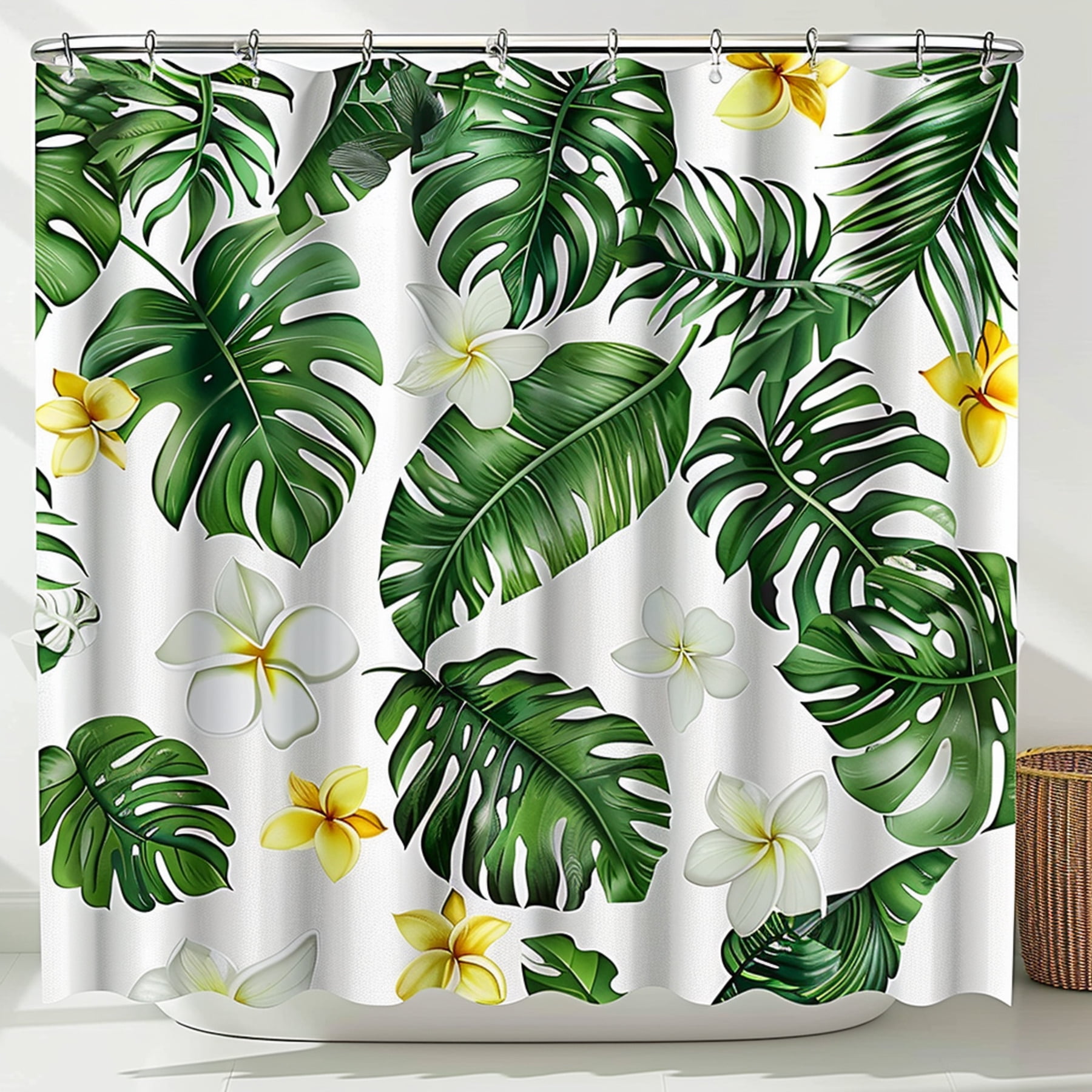 Monstera Leaf Tropical Print Shower Curtain White Background Bathroom