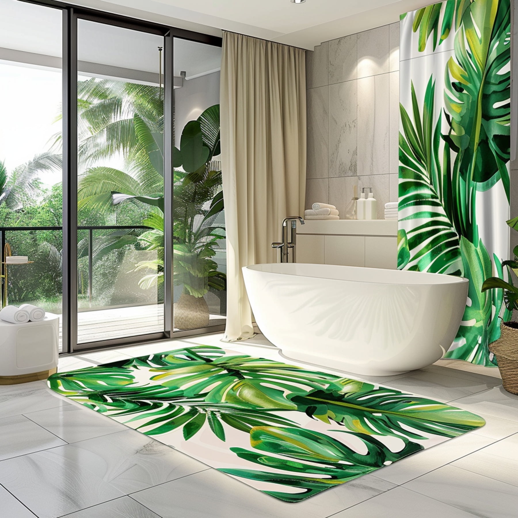 Monstera Leaf Tropical Rainforest Shower Curtain Palm Tree Design Bright Daylight White Bathtub