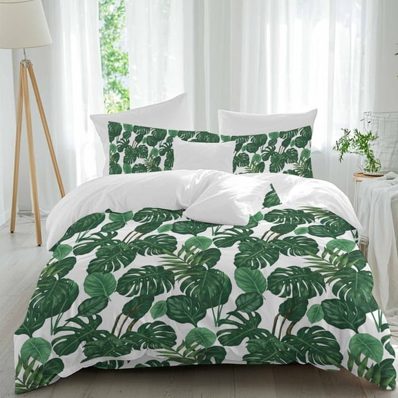 Monstera Leaf Twin Size Comforter Set, Tropical Plants Summer Green Plant Bedding for All Seasons, 4 Pcs Bed Set, 1 Quiltcover (68"x86") ,1Sheet(67"x116"), 2Pillowcases (30"x20")