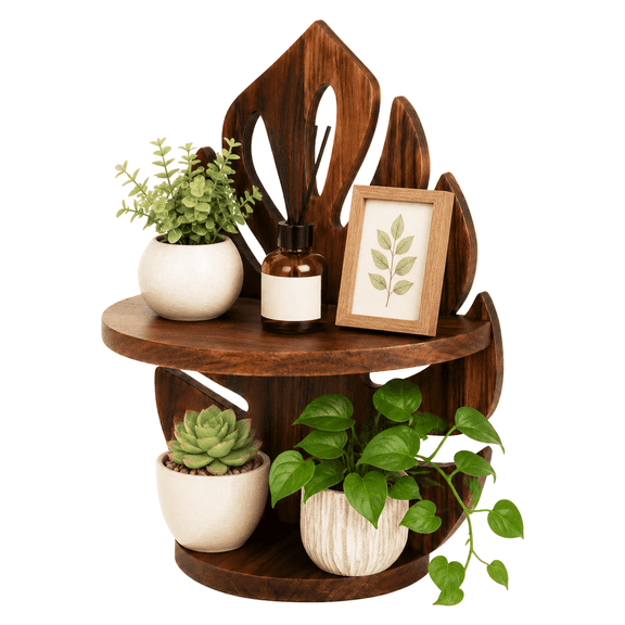 Monstera Leaf Wall Shelf Decor, Double Layer Wooden Floating Shelves for Wall, 15.7×12.4in Tropical Wall Decor Wood Hanging Shelf for Bedroom Bathroom Living Room, Brown