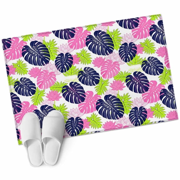 Monstera Leaf Washable Small Entryway Area Rugs 2'x3', Boho Tropical Botanical Plant Pink Lotus Flower Low Pile Throw Rug Non-Slip Sturdy Edge Binding Carpet for Front Door Floor Room Entry