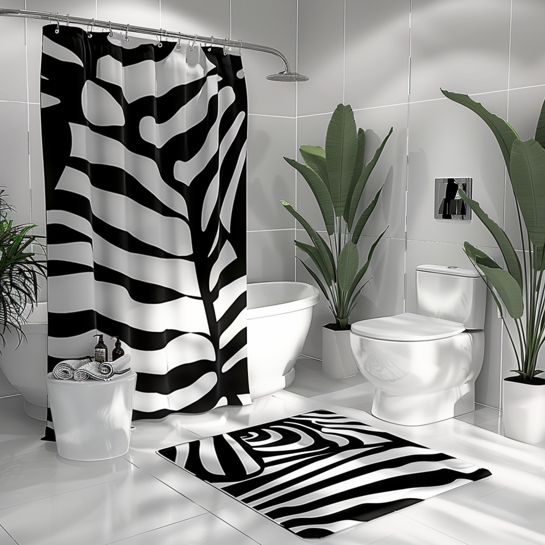 Monstera Leaf Zebra Print Bathroom Set Hyper Realistic Minimalistic