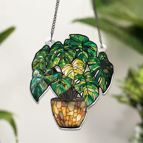 Monstera Leaves Acrylic Suncatcher Window Hanging, Single-Sided UV Printed Faux Stained Glass, Monstera Leaves Window Decor, Monstera Plant Wall Window Hanging Art Decoration