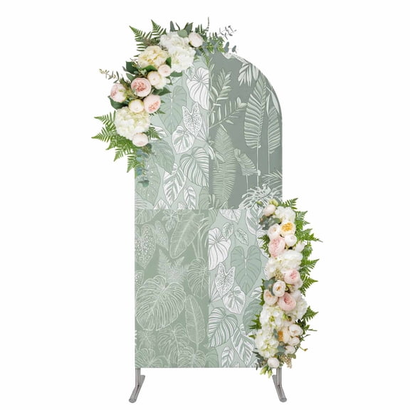 Monstera Leaves Arch Backdrop Cover 5FT, Summer Tropical Palm Leaf Plants Light Green Spandex Fitted Stretchy Arch Stand Covers, Round Top Chiara Backdrop Cover for Wedding Party Birthday Baby Shower