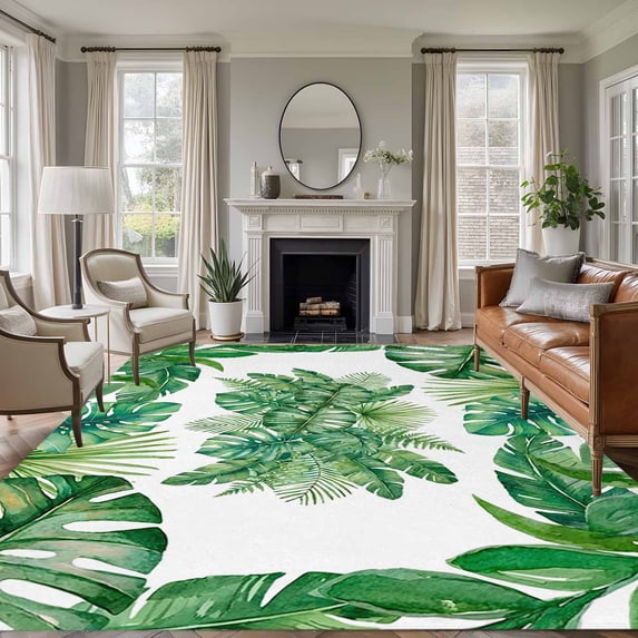 Monstera Leaves Area Rugs 6'x9', Washable Small Throw Rugs for Kitchen Dining room, Summer Tropical Palm Leaf Botanical Green Indoor Outdoor Rug Non-Slip Low Pile Carpet Runner Reversible Floor Mats