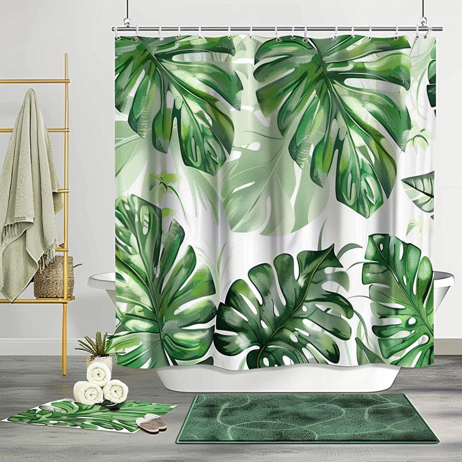 Monstera Leaves Bathroom Decor Set Tropical Green Shower Curtain with Grey Accents White
