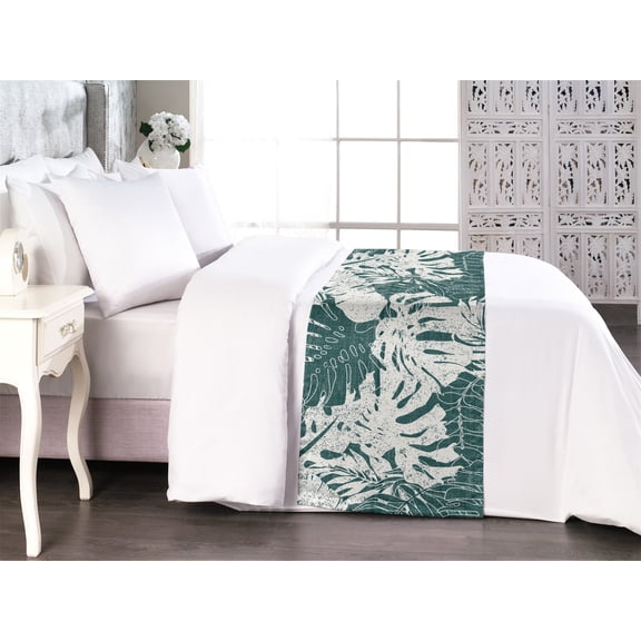 Monstera Leaves Bed Runner, Tropical Design Grunge Palm Tree Leaf Pattern Hawaii Themed Art, Decorative Accent Bedding Scarf for Hotels Homes & Guest Rooms, Queen, Forest Green Eggshell, by Ambesonne