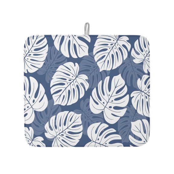 Monstera Leaves Dish Drying Mat for Kitchen Counter,Summer Tropical Plants Navy Blue Dish Mat Drying Kitchen Mat for Sink Fridge Drawer Dishes Drainer Mats Microfiber Drying Pad 1pcs 16"x18"