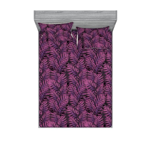 Monstera Leaves Fitted Sheet & Pillow Sham Set, Psychedelic Colors Palm Tree Leaves Tropical Boho Dreamy Print, Decorative Printed 3 Piece Bedding Decor, Full, Fuchsia Dark Magenta, by Ambesonne