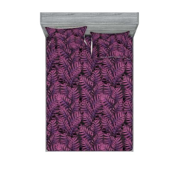 Monstera Leaves Fitted Sheet & Pillow Sham Set, Psychedelic Colors Palm Tree Leaves Tropical Boho Dreamy Print, Decorative Printed 3 Piece Bedding Decor, King, Fuchsia Dark Magenta, by Ambesonne