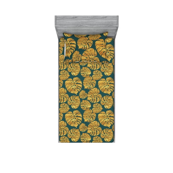 Monstera Leaves Fitted Sheet & Pillow Sham Set, Tropical Inspiration Exotics Leafy Pattern on Jungle Color Back, Decorative Printed 2 Piece Bedding Decor, Twin, Teal Pale Earth Yellow, by Ambesonne