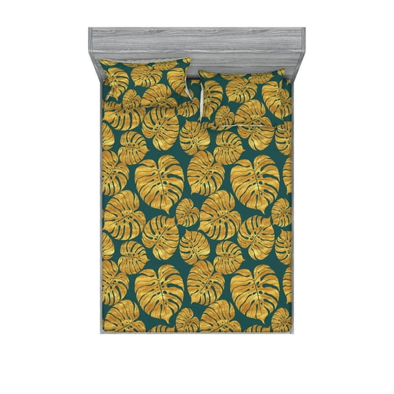 Monstera Leaves Fitted Sheet & Pillow Sham Set, Tropical Inspiration Exotics Leafy Pattern on Jungle Color Back, Decorative Printed 3 Piece Bedding Decor, Full, Teal Pale Earth Yellow, by Ambesonne