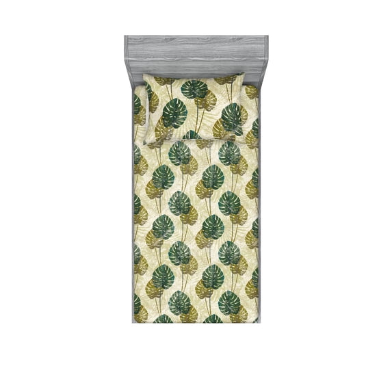 Monstera Leaves Fitted Sheet & Pillow Sham Set, Tropical Jungle Leaf Print Pale Khaki Background Retro Grunge Effect, Decorative Printed 2 Piece Bedding Decor, Twinxl, Fawn Hunter Green, by Ambesonne
