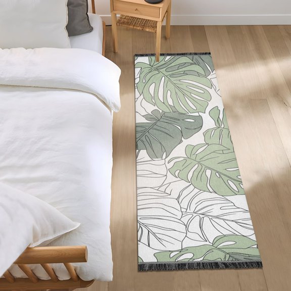Monstera Leaves Hand Painted Bedside Runner Rug 2'x 6' Non Slip Carpet Floor Mat Area Rug