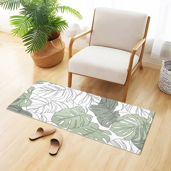 Monstera Leaves Hand Painted Plush Carpet Non Slip Runner Rug Absorbent Bath Mat 39" x 20"