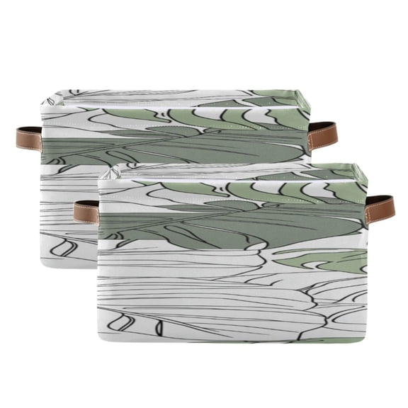 Monstera Leaves Hand Painted Square Storage Bins with Handles Collapsible Containing Box 2 Packs