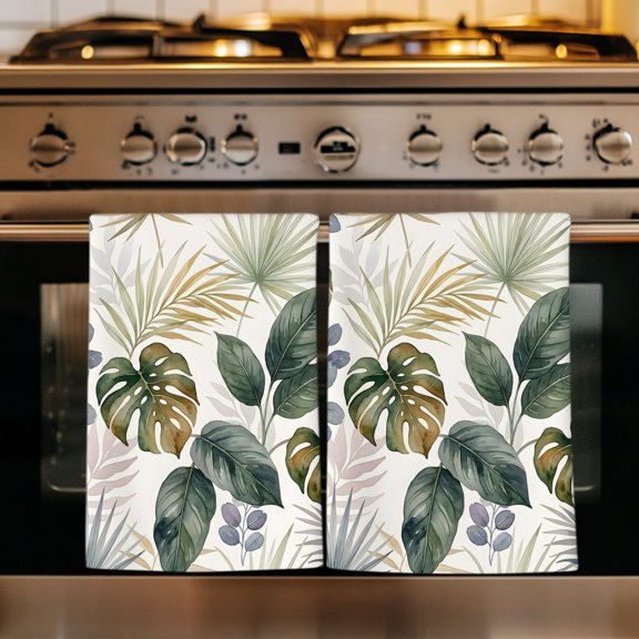 Monstera Leaves Kitchen Towels Set of 1, Summer Tropical Eucalyptus Leaf Watercolor Absorbent Dish Towels for Kitchen, Microfiber Hand Towel, Quick Drying Tea Towel for Cleaning Decorative Dishcloths
