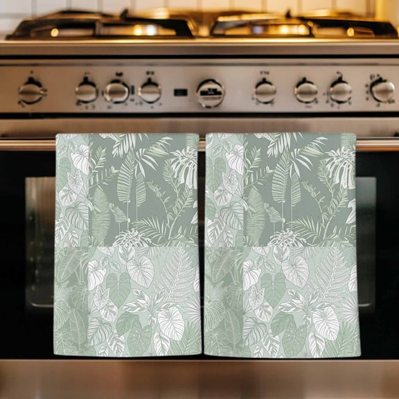 Monstera Leaves Kitchen Towels Set of 3, Summer Tropical Palm Leaf Plants Light Green Absorbent Dish Towels for Kitchen, Microfiber Hand Towel, Quick Drying Tea Towel for Cleaning Dishcloths