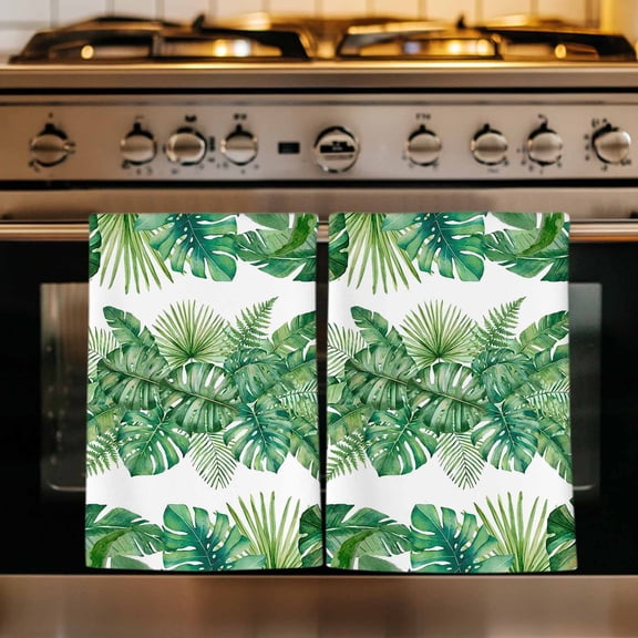 Monstera Leaves Kitchen Towels Set of 4, Summer Tropical Palm Leaf Botanical Green Absorbent Dish Towels for Kitchen, Microfiber Hand Towel, Quick Drying Tea Towel for Cleaning Decorative Dishcloths