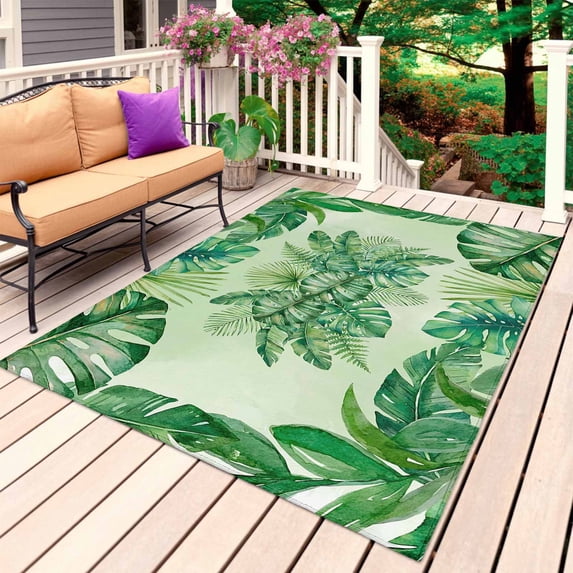 Monstera Leaves Outdoor Rug 5x7 Ft, Non Slip Washable Area Rug, Summer Tropical Plants Palm Leaf Ombre Green Patio Rugs Carpet Runner, Large Floor Mat for Indoor/Outdoor Deck Porch Camping