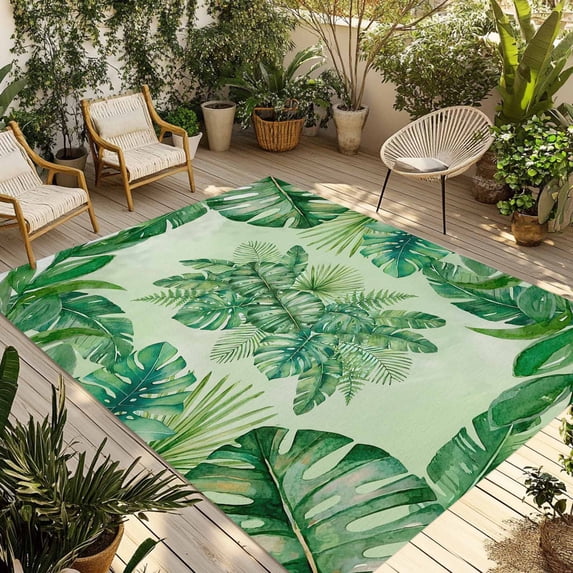 Monstera Leaves Outdoor Rug for Patio/Deck/Porch, Non-Slip Large Area Rug 6 x 9 Ft, Summer Tropical Plants Palm Leaf Ombre Green Indoor Outdoor Rugs Washable Area Rugs, Camping Rug Carpet Runner
