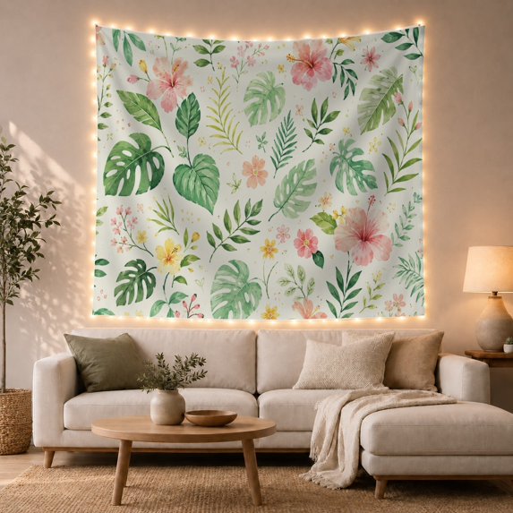 Monstera Leaves and Pink Hibiscus Flowers on Light Blue Background, Serene Watercolor for Plant Lovers, Botanical Wall Decor Housewarming Gift Tapestry Wall Hanging for Bedroom and Dorm